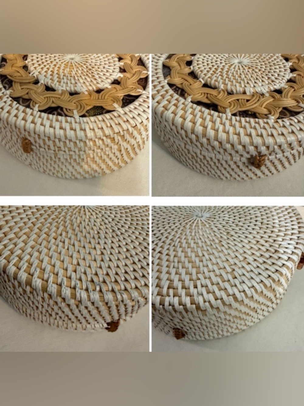 Round Rattan Crossbody Bag Woven Medallion Sunburst Boho Leather Strap - Picture 9 of 15